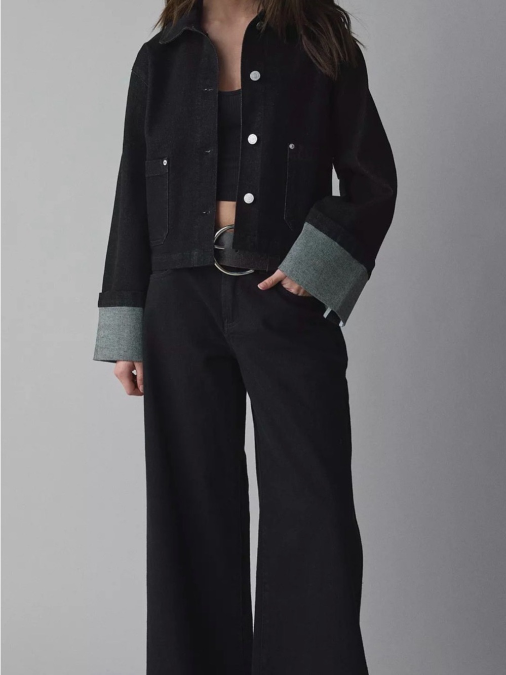 BDG Black Cropped Jean Jacket with Contrast Cuffs